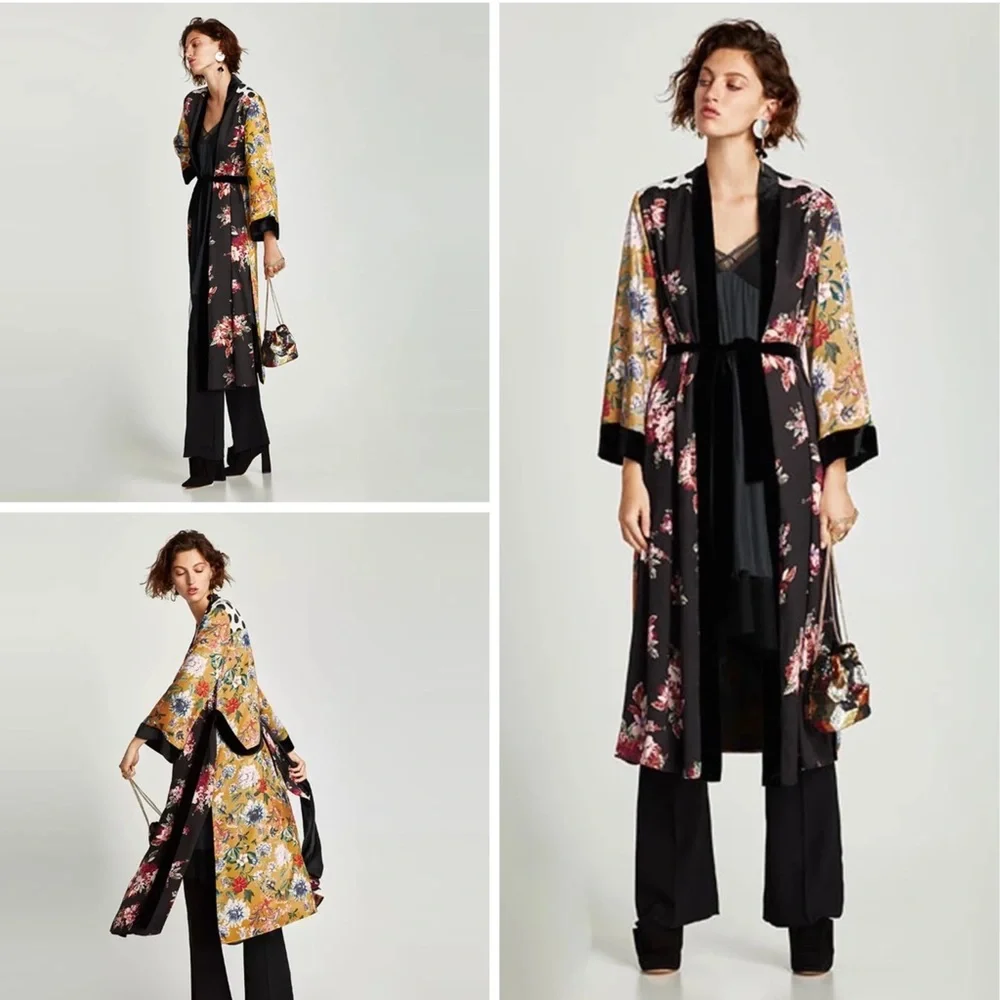 🍒 KIMONO ROBE DUSTER MIDI LONG FLOWER POLKA DOT FLORAL SLEEVE BOHO CHIC ASIAN - Picture 2 of 12